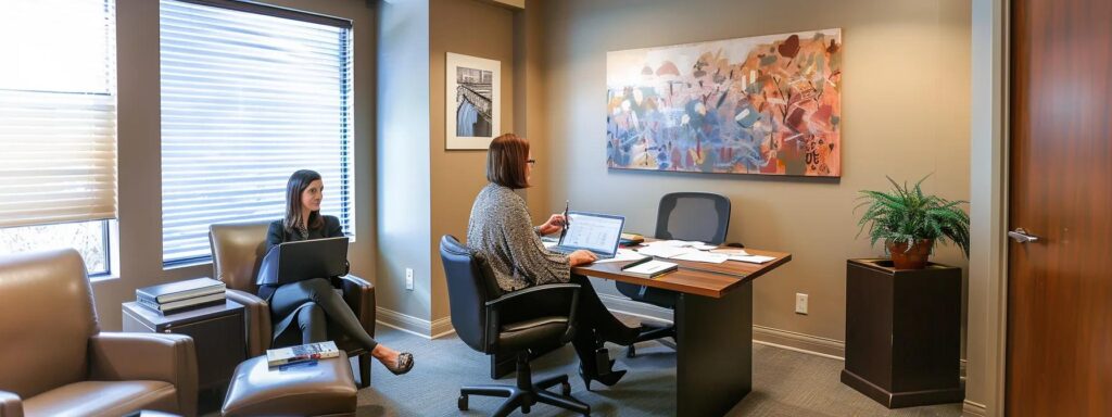 a professional office consultation room, featuring a thoughtfully arranged table with legal documents, a laptop, and a confident counselor engaging with concerned parents, all under warm, focused lighting to create an atmosphere of trust and support.