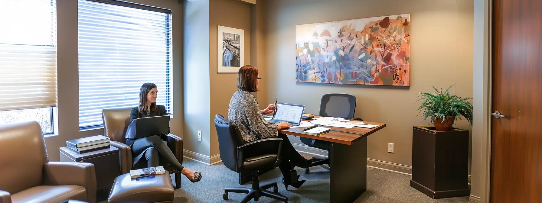 a professional office consultation room, featuring a thoughtfully arranged table with legal documents, a laptop, and a confident counselor engaging with concerned parents, all under warm, focused lighting to create an atmosphere of trust and support.