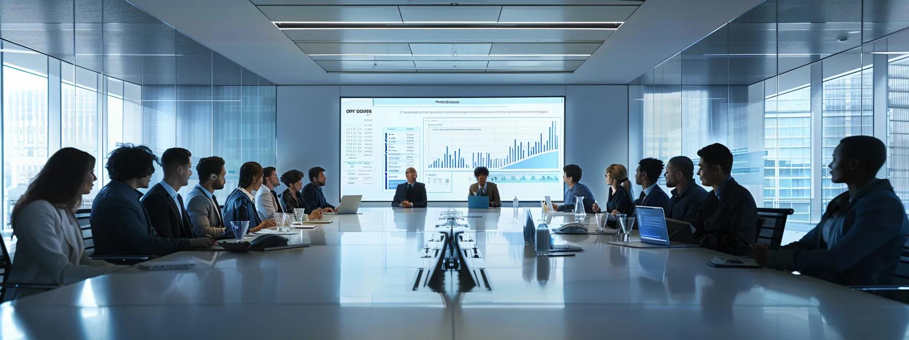 a sleek, modern office conference room features a large table surrounded by diverse professionals engaged in a thoughtful discussion about child custody arrangements, with detailed charts and documents displayed on a screen in the background.