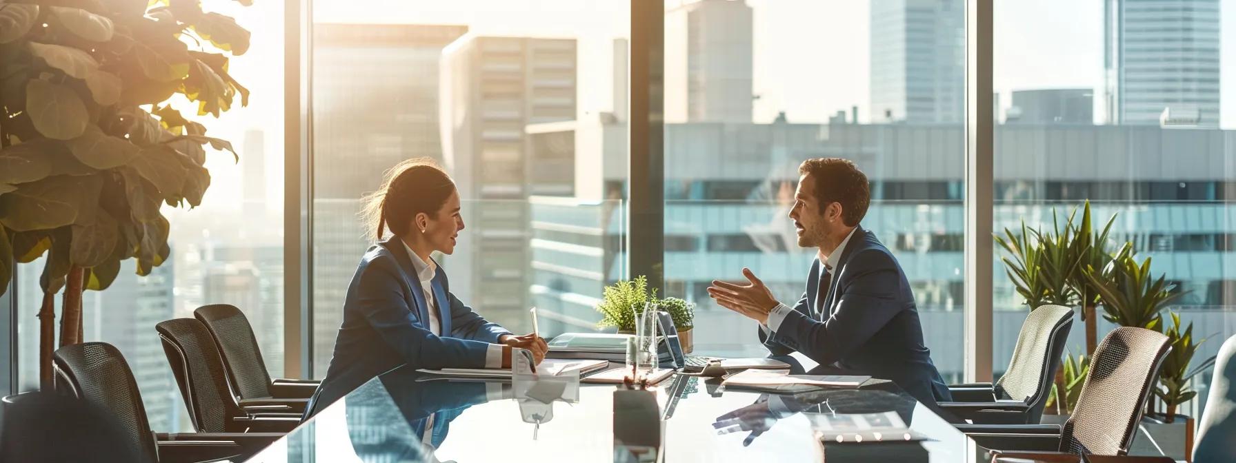 a sophisticated office setting features a professional discussion between two individuals at a sleek conference table, flanked by financial documents and a digital tax chart, conveying the complexities of spousal support and tax implications in divorce proceedings.