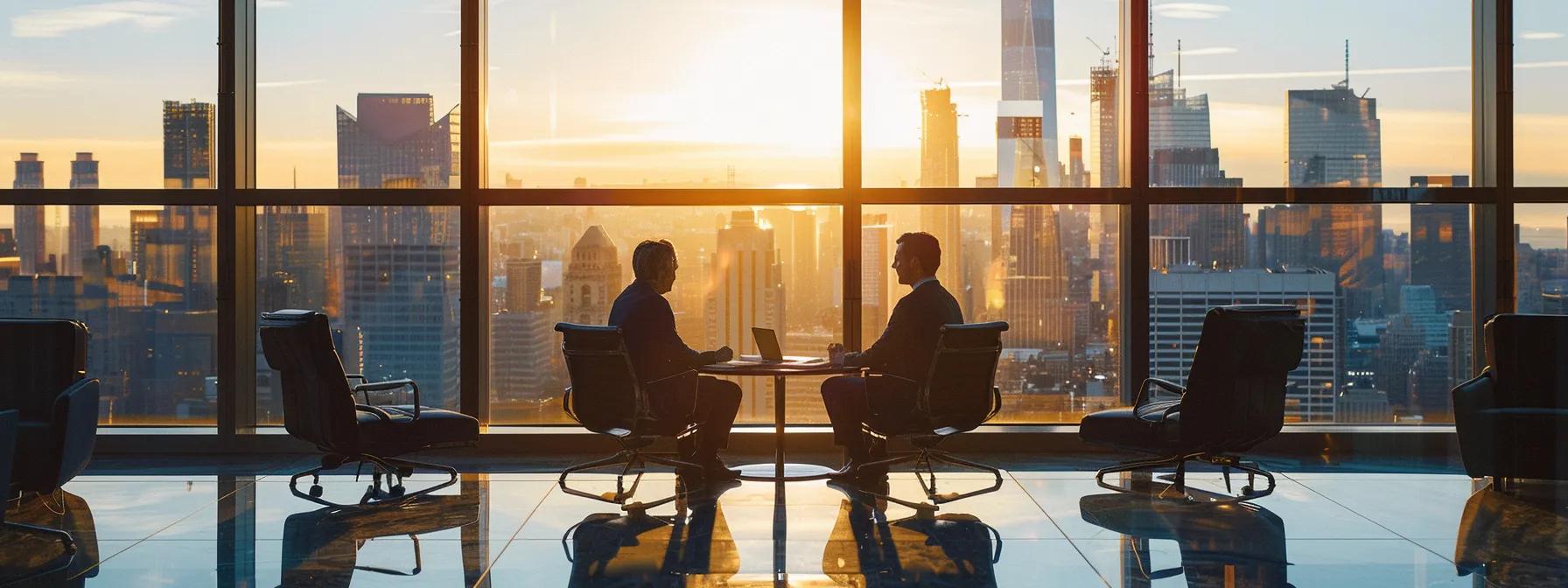 a professionally organized office conference room showcases two individuals engaged in a collaborative discussion over legal documents, highlighting their mutual agreement to end spousal support, with a large window framing the urban skyline in the background.