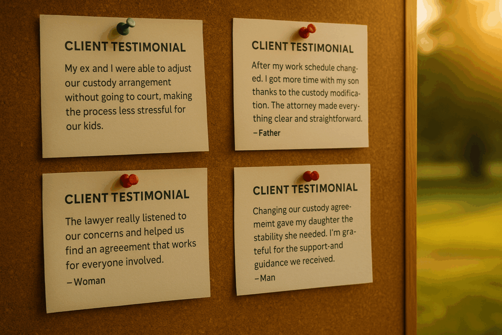 A collection of client testimonials regarding custody modifications.