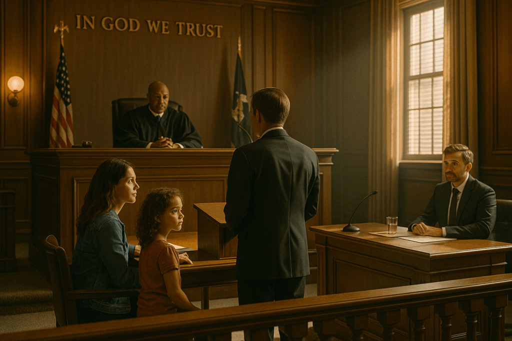 A courtroom scene during a custody hearing.