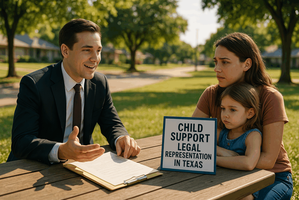 A lawyer discussing child support legal representation in Texas.