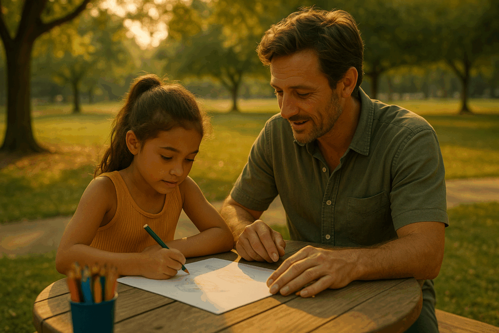 A parent and child engaging in a supportive activity, emphasizing the importance of fair custody and support agreements.