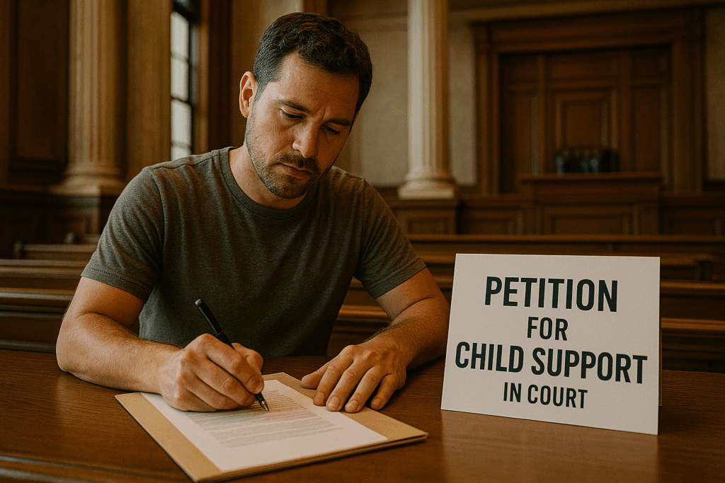 A parent filing a petition for child support in court.