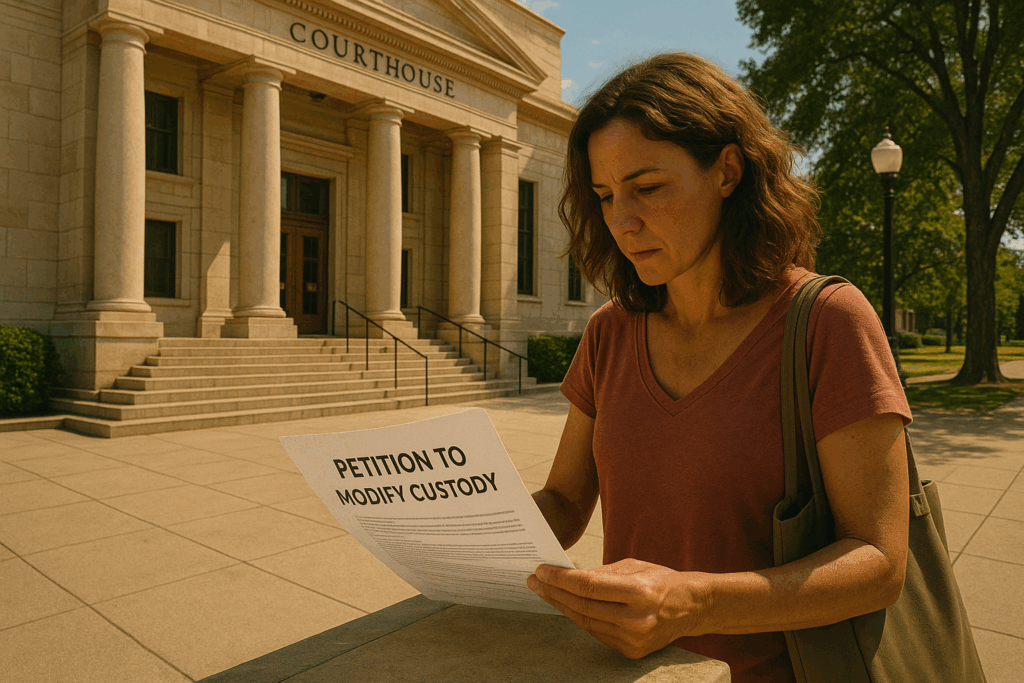 A parent filing a petition to modify custody at a courthouse.