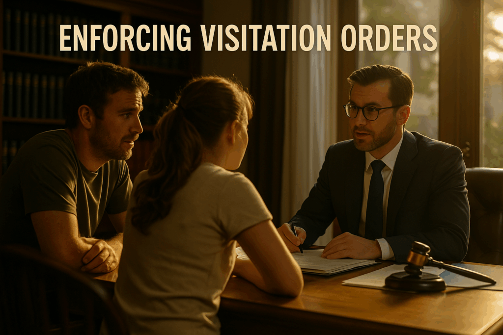 An image depicting the enforcement of visitation orders, showing a parent consulting with a lawyer.
