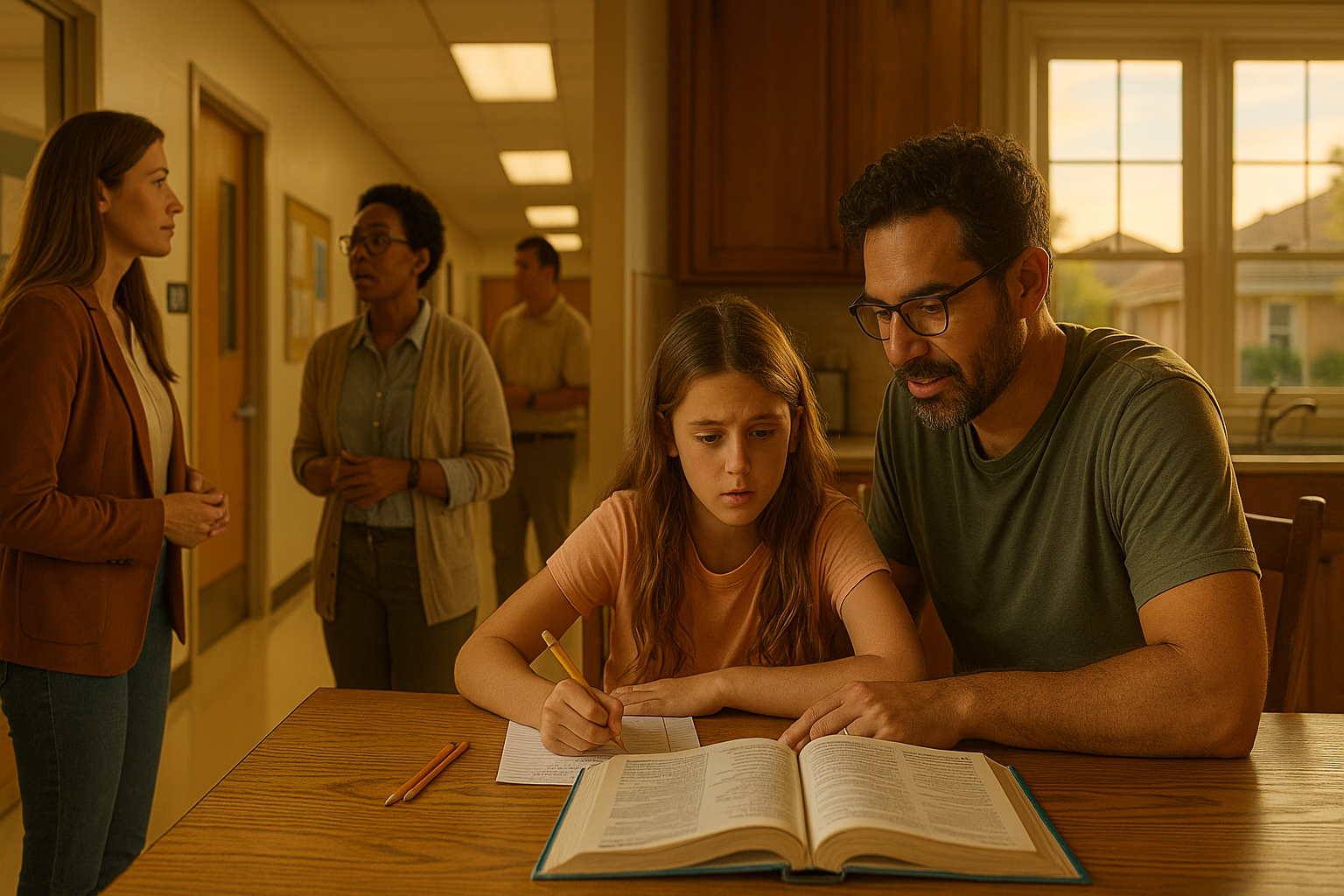 Father helps daughter with homework at home while mother meets teachers at school, reflecting co-parenting during child custody in Texas.