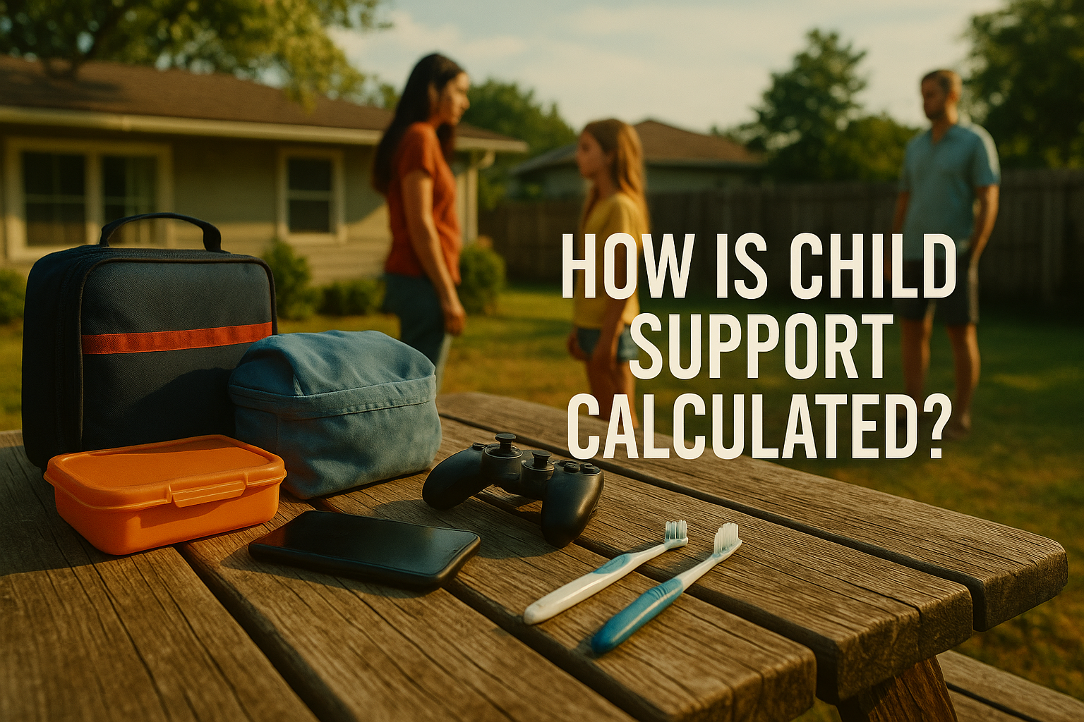 Wide-angle image of a co-parenting scene showing lunchboxes, toothbrushes, and a game controller on a picnic table in a suburban backyard, symbolizing the everyday challenges of shared custody and child support.