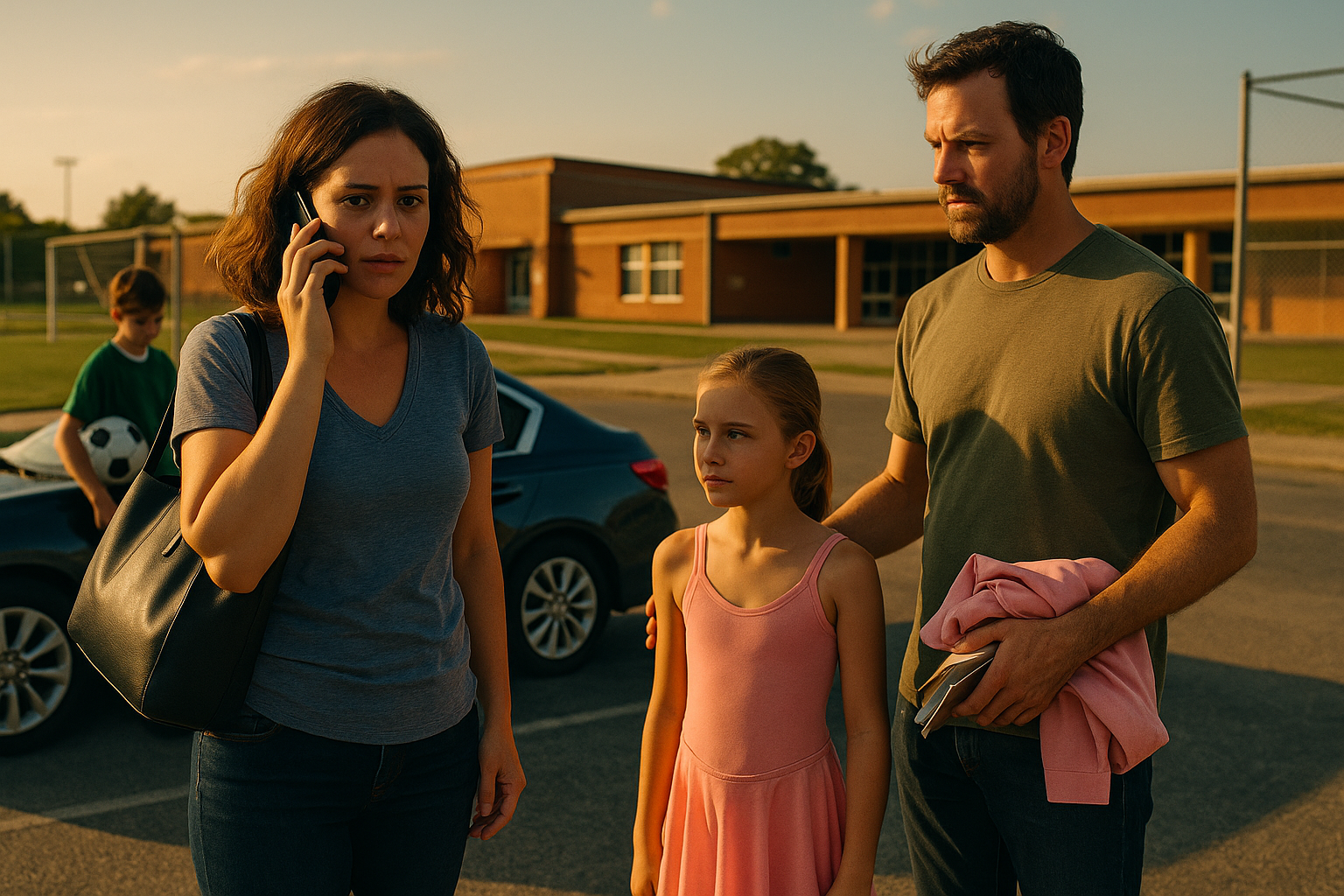 Two parents and children during a chaotic custody exchange outside a school, capturing the emotional and logistical challenges of co-parenting.