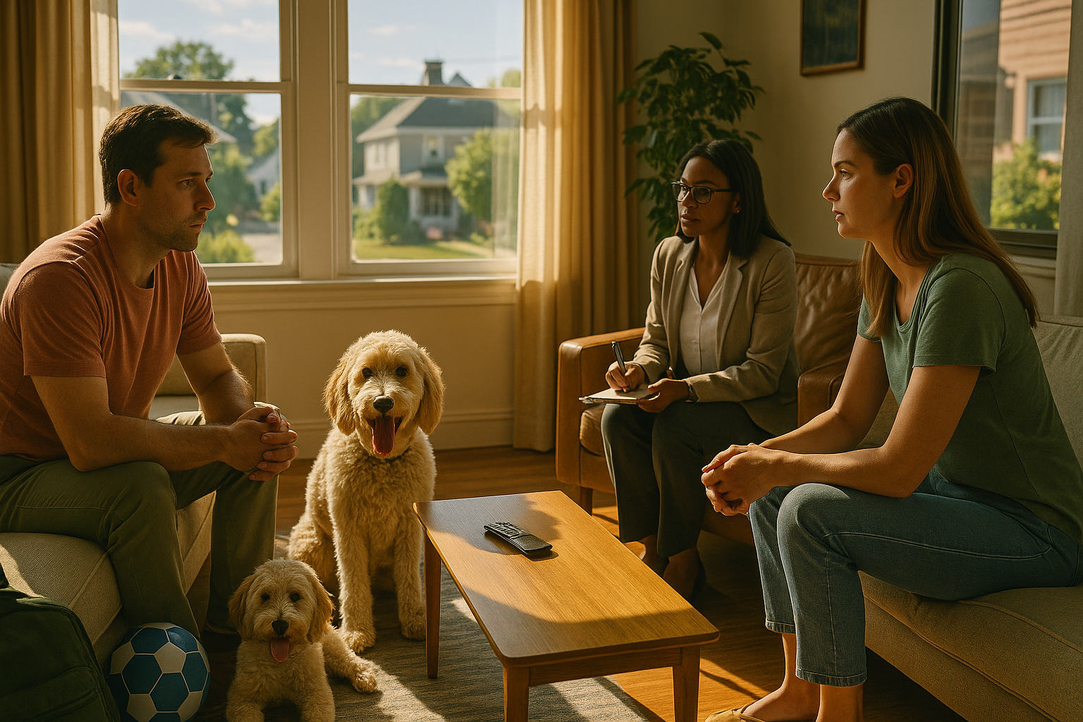 A divorcing couple meets with a mediator in a bright summer-lit room while their Goldendoodle sits between them, symbolizing peaceful co-parenting.