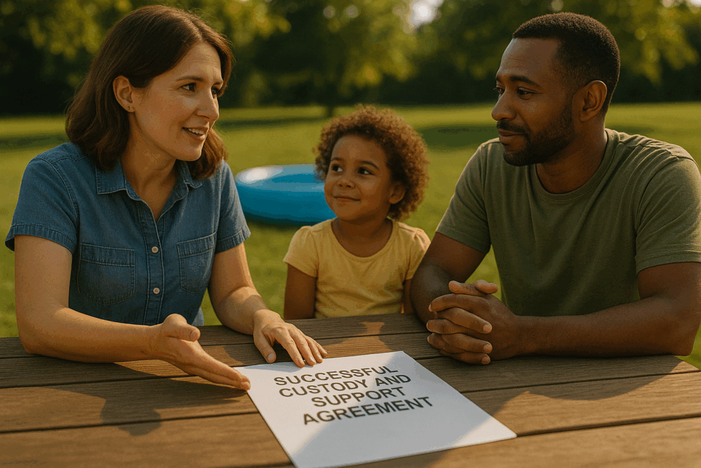 Successful custody and support agreements illustrated through a family discussing their arrangements.