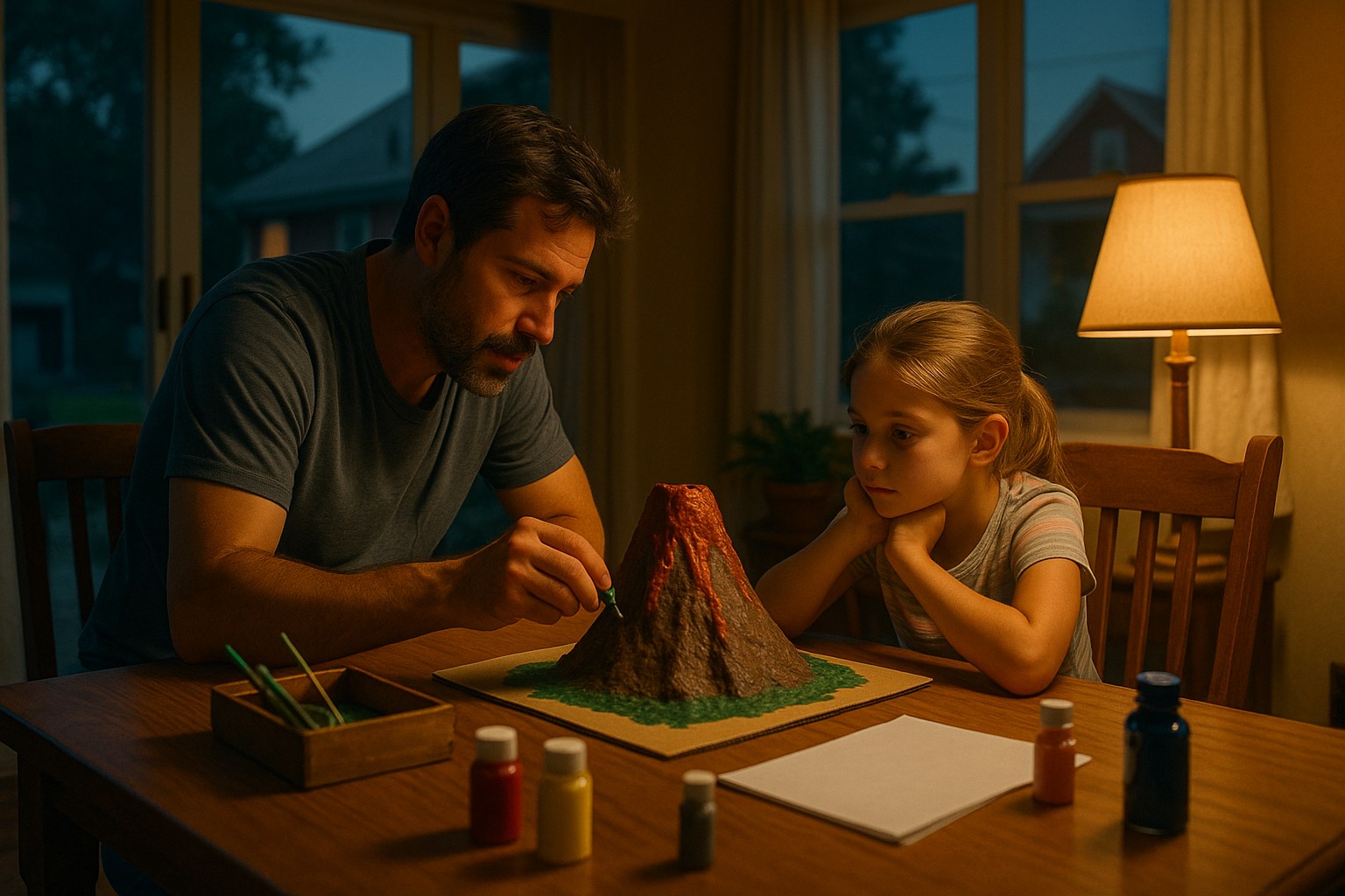 A father and daughter work late on a volcano science project in a warmly lit home, highlighting co-parenting and school responsibilities.
