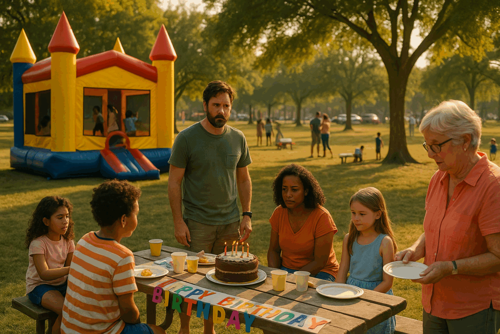 A young girl’s birthday party at a park with separated parents and extended family, illustrating co-parenting dynamics in Texas custody cases.