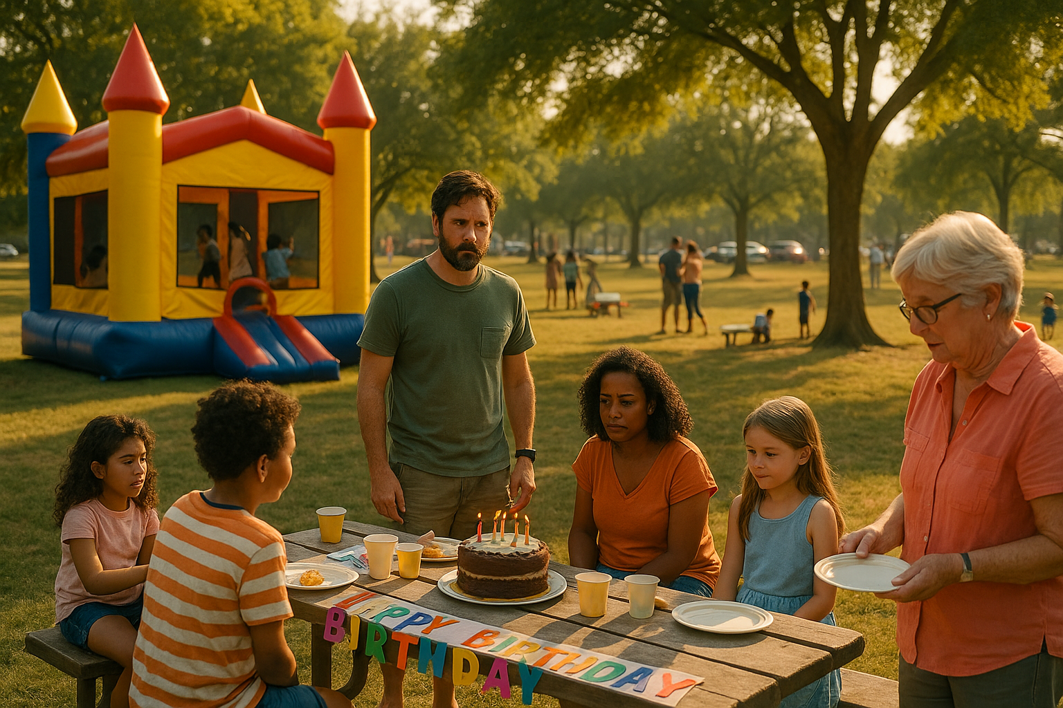 A young girl’s birthday party at a park with separated parents and extended family, illustrating co-parenting dynamics in Texas custody cases.