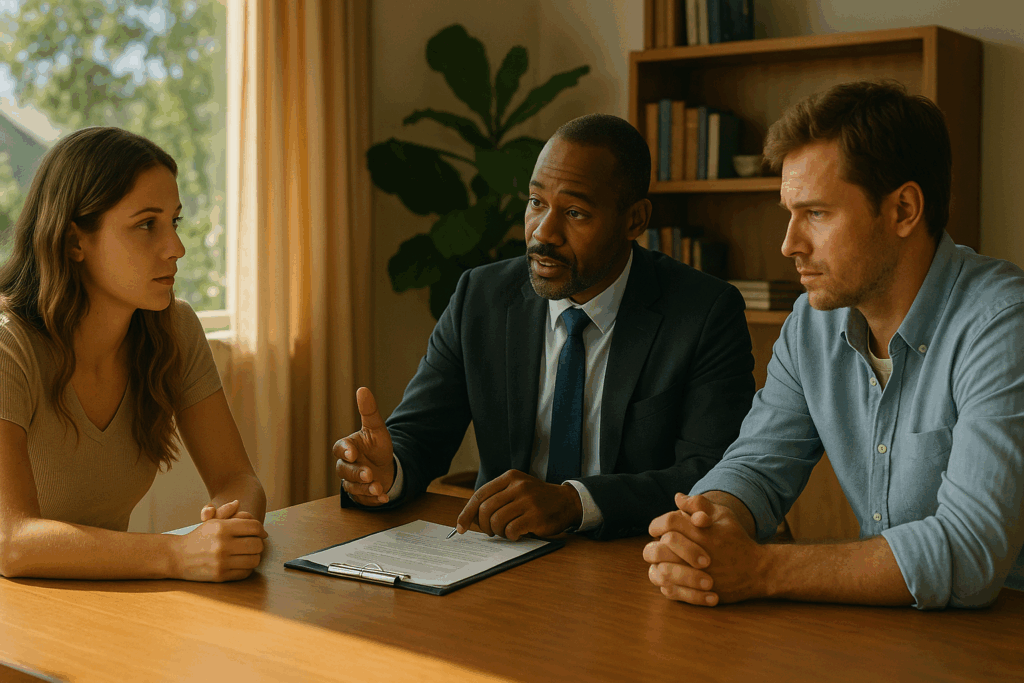 A family law attorney, an African-American man in his 40s wearing a navy suit and tie, sits at a wooden table in a sunlit office, attentively guiding a young Caucasian couple through a legal document. The couple listens closely, seated across from him with serious expressions. The office is warmly lit with natural sunlight filtering through beige curtains, and the background features a bookshelf and a tall green potted plant, creating a calm and professional atmosphere.