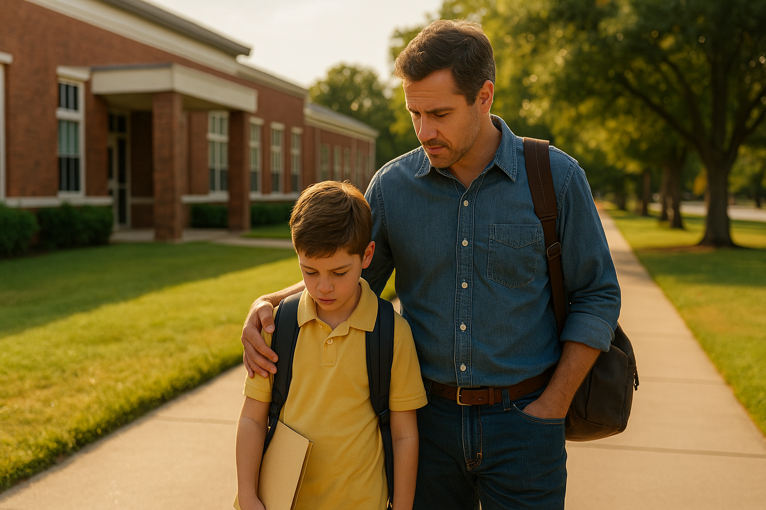 A father comforts his son outside a Texas school during summer, representing the emotional impact of child custody challenges.