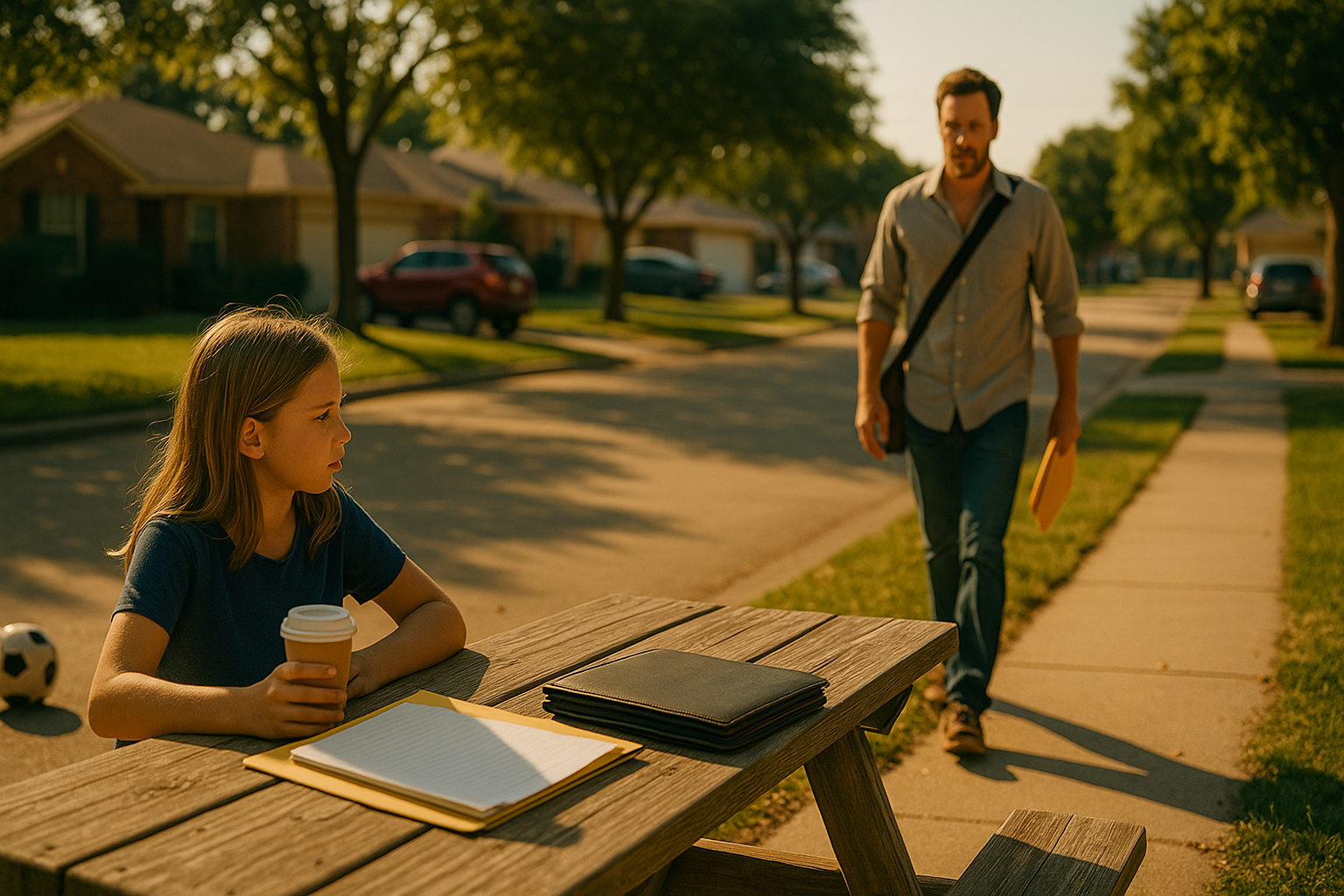 Father approaches daughter sitting at a picnic table in a Texas neighborhood, symbolizing shared custody and understanding visitation rights in Texas.