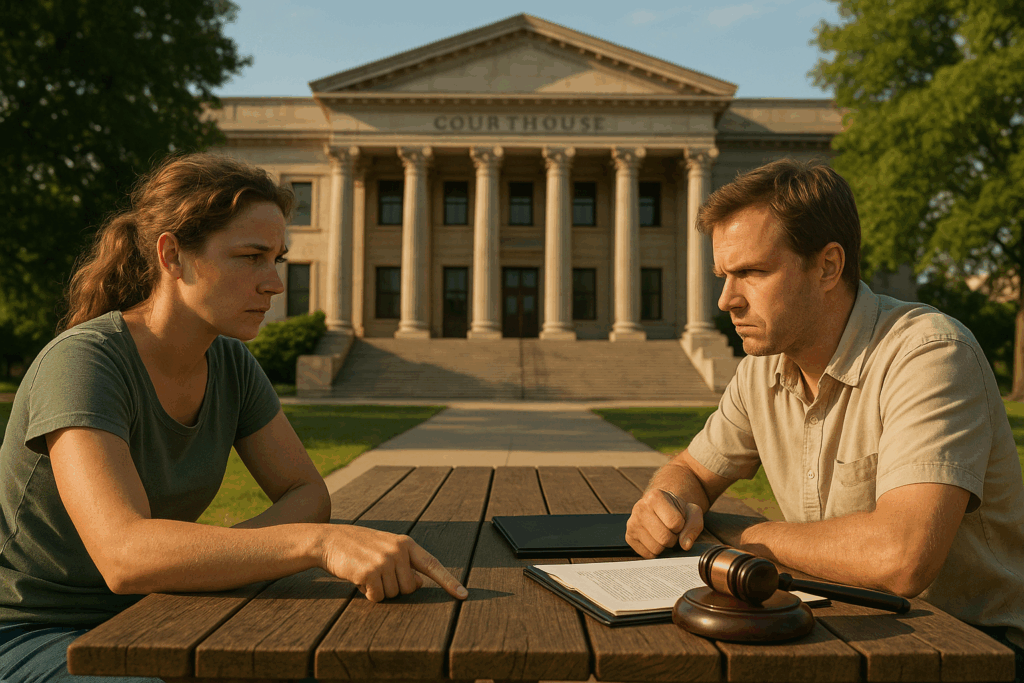 A man and woman sit across from each other at a wooden picnic table in front of a large neoclassical courthouse on a sunny summer afternoon. Both appear tense and focused, with legal documents and a gavel on the table between them. The courthouse, featuring grand columns and a wide staircase, looms in the background, suggesting a legal dispute or custody negotiation.