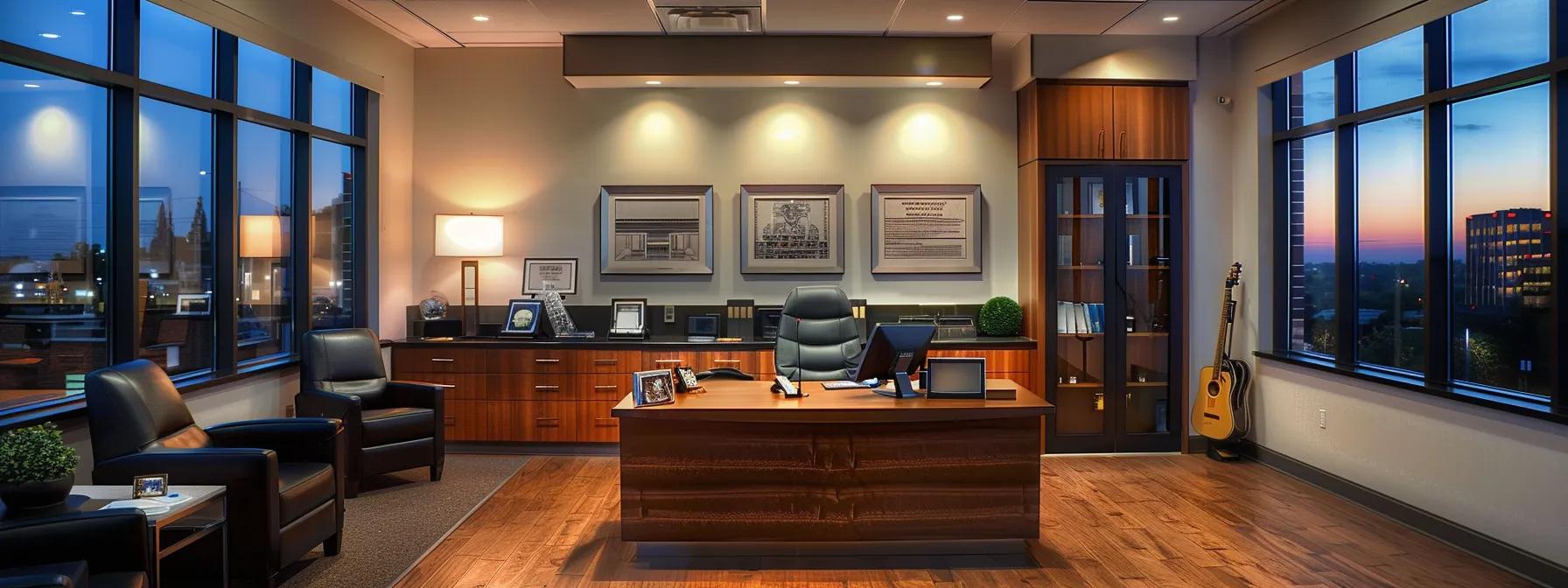 a professional attorney's office, featuring a sleek, modern desk, surrounded by legal documents and divorce settlement agreements, illuminated by warm artificial lighting, conveys the serious yet informative atmosphere of texas divorce law.