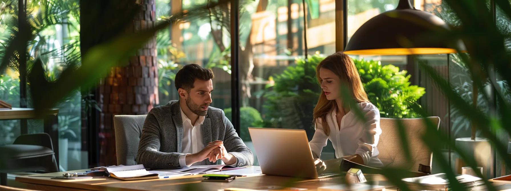a sophisticated office setting featuring an engaged couple in deep discussion over a laptop, surrounded by documents and tax guides, illustrating the complexities of spousal support and its tax implications in texas.