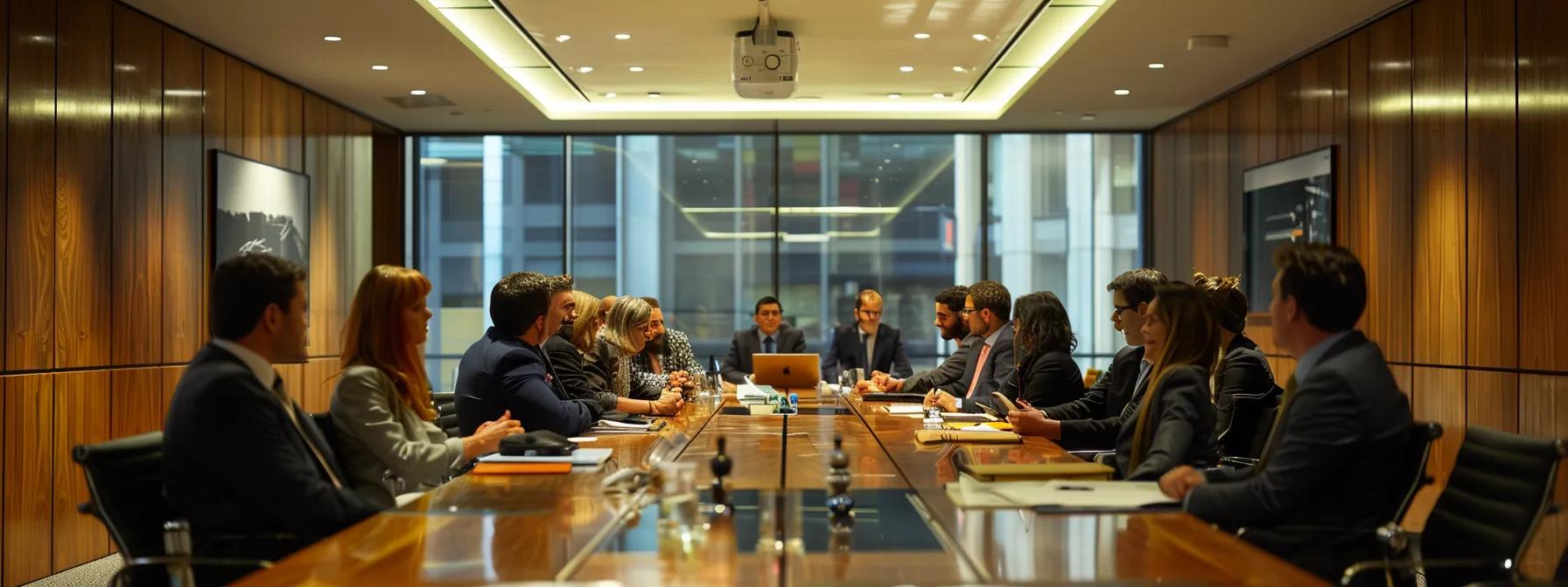 a sleek, modern law office conference room reflects a serious atmosphere, with a large wooden table surrounded by professional individuals engaged in a focused discussion on legal documents regarding texas community and separate property laws.