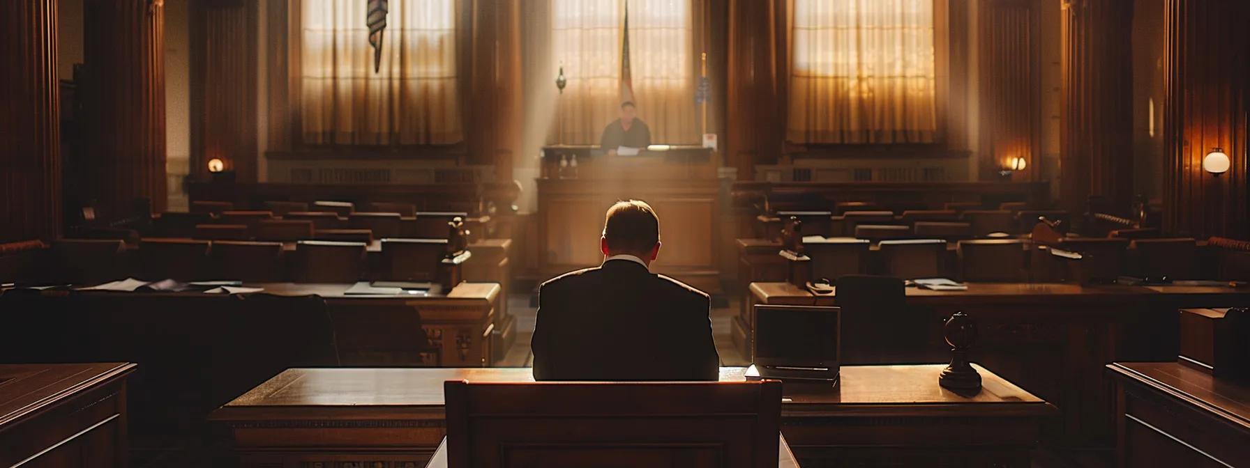 a focused view of a dimly lit courtroom, where a judge sits attentively at the bench, flanked by legal documents and a laptop, as a tense discussion unfolds regarding the modification of spousal support, emphasizing the gravity of legal proceedings and financial realities.