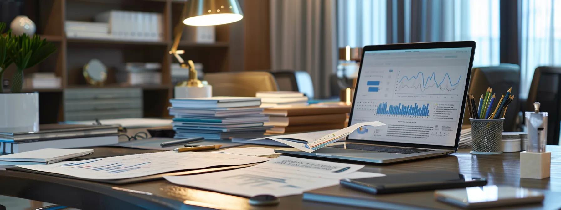 a professional office setting showcases a detailed financial evaluation, featuring a sleek desk with organized stacks of documents, including tax returns and bank statements, while a laptop displays graphs and charts illustrating the comparison of living standards during marriage versus current conditions.