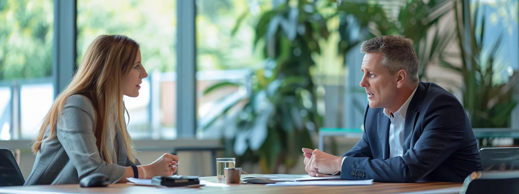 a focused texas divorce lawyer discusses spousal support strategies with a client in a modern, well-lit office, surrounded by legal documents and a sleek conference table, conveying professionalism and trust.