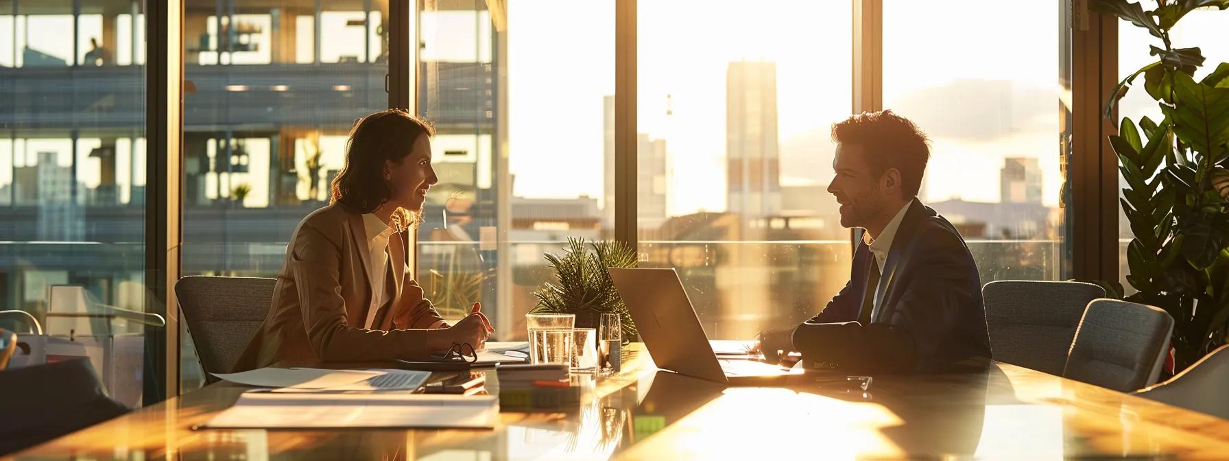 a professional office setting showcases a focused discussion between two individuals at a sleek conference table, with documents and a laptop open, symbolizing the legal complexities of modifying spousal support orders in texas.