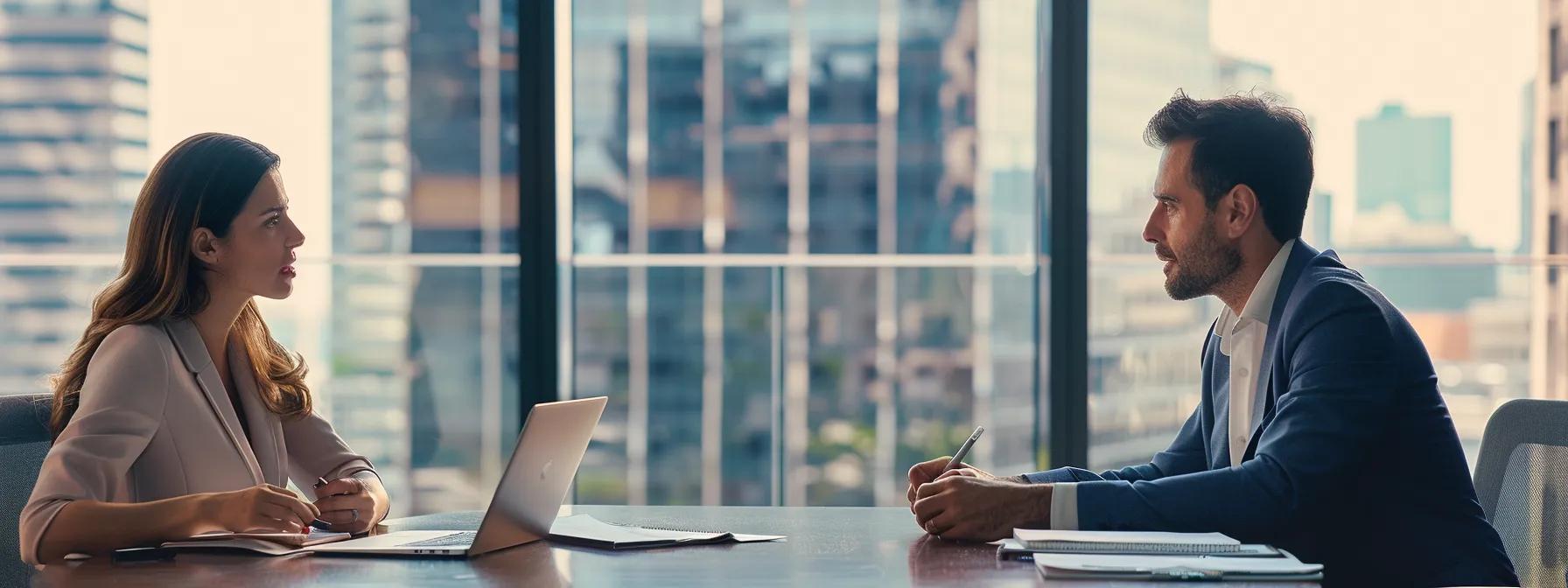 a focused, modern office setting features a thoughtful couple seated across from each other at a sleek conference table, with documents and a laptop open between them, symbolizing a serious discussion on spousal support eligibility in texas.