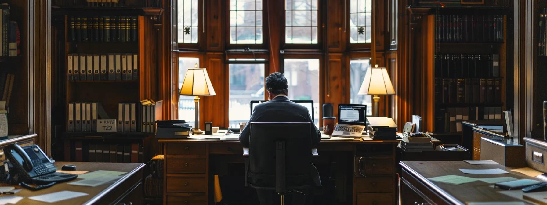 a solemn office setting features a focused individual seated at a desk surrounded by legal documents and a laptop, conveying the weight of navigating spousal support issues in the context of short-term marriages.