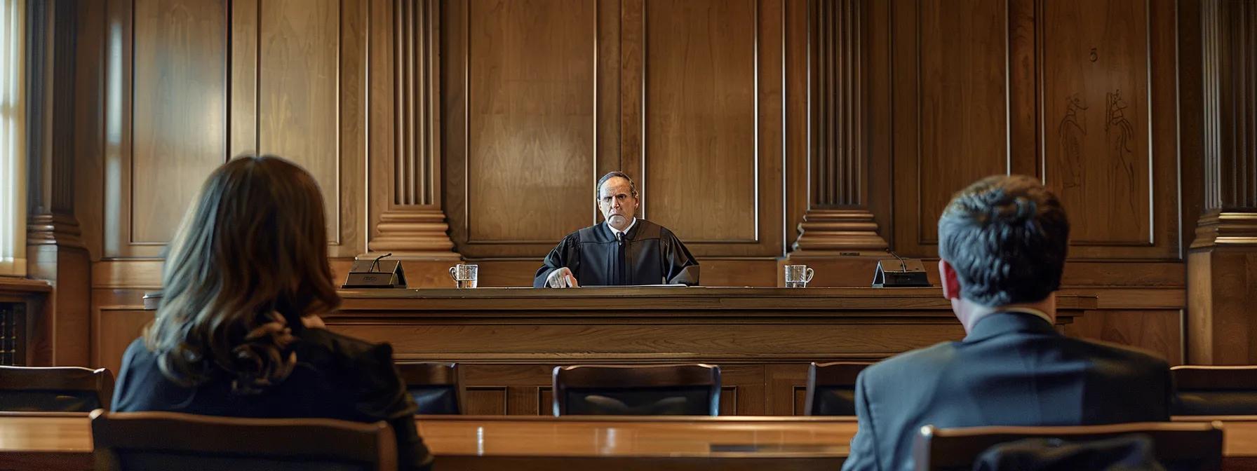 a focused courtroom scene reveals a judge presiding over a spousal support enforcement hearing, with a concerned spouse seated at one side, emphasizing the gravity of legal measures such as wage garnishment and contempt proceedings. a focused courtroom scene reveals a judge presiding over a spousal support enforcement hearing, with a concerned spouse seated at one side, emphasizing the gravity of legal measures such as wage garnishment and contempt proceedings.