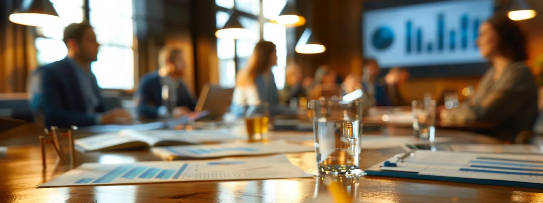 a polished conference room filled with legal documents and financial charts, showcasing a professional discussion on spousal support calculations, with focused individuals engaged in dialogue around a large wooden table under soft, warm lighting.