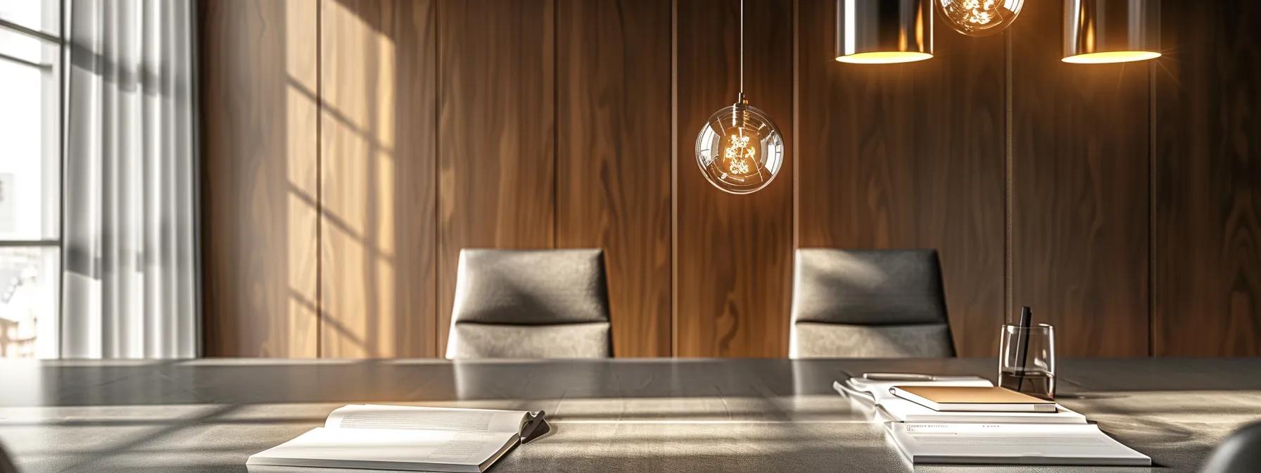 a sleek, modern office conference room features an elegant table set with legal documents and two chairs, emphasizing a serious discussion about the different types of spousal support in texas, highlighted by warm pendant lighting that creates an intimate atmosphere.