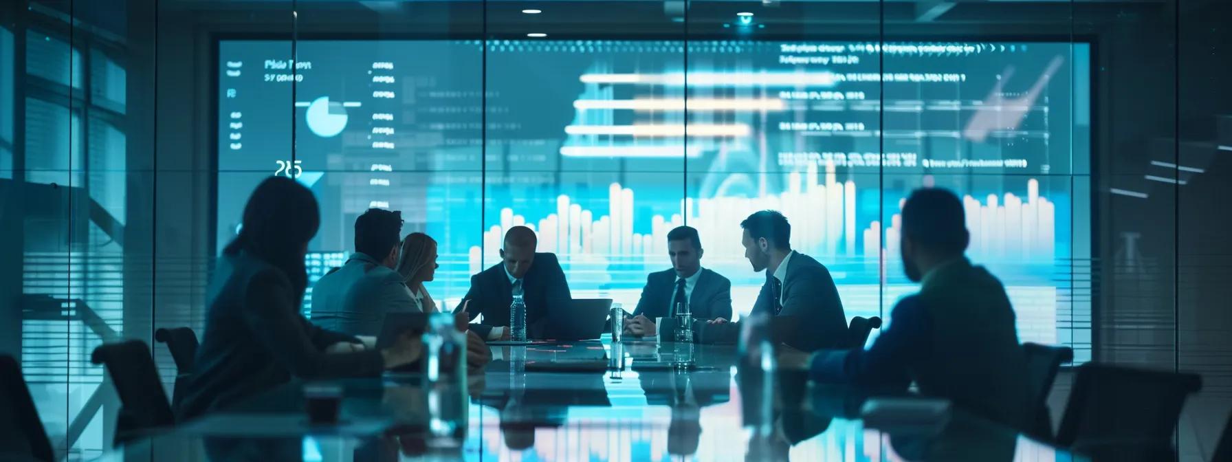 a focused corporate conference room showcases a diverse group of professionals engaged in a heated discussion around a sleek glass table, with charts and graphs detailing spousal support agreements projected on a high-tech screen, emphasizing the complex interplay between duration and payment terms.