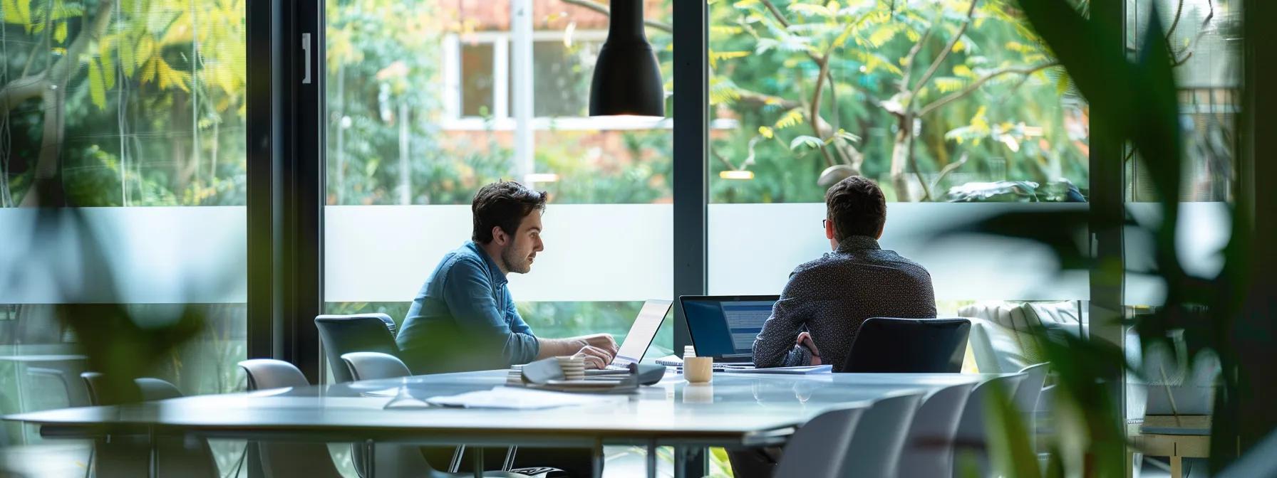 a focused office setting featuring a solemn discussion between two professionals at a sleek conference table, with legal documents and a laptop open in front of them, symbolizing the complexities of texas spousal support laws and financial negotiations.
