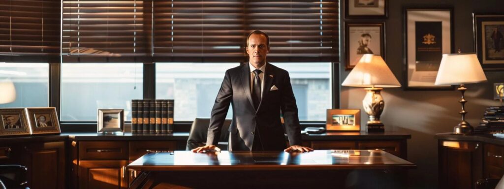 a confident texas divorce attorney stands at a sleek, modern office desk, illuminated by soft, focused lighting, as they engage in a thoughtful discussion about spousal support, surrounded by legal books and framed certificates that convey professionalism and expertise.