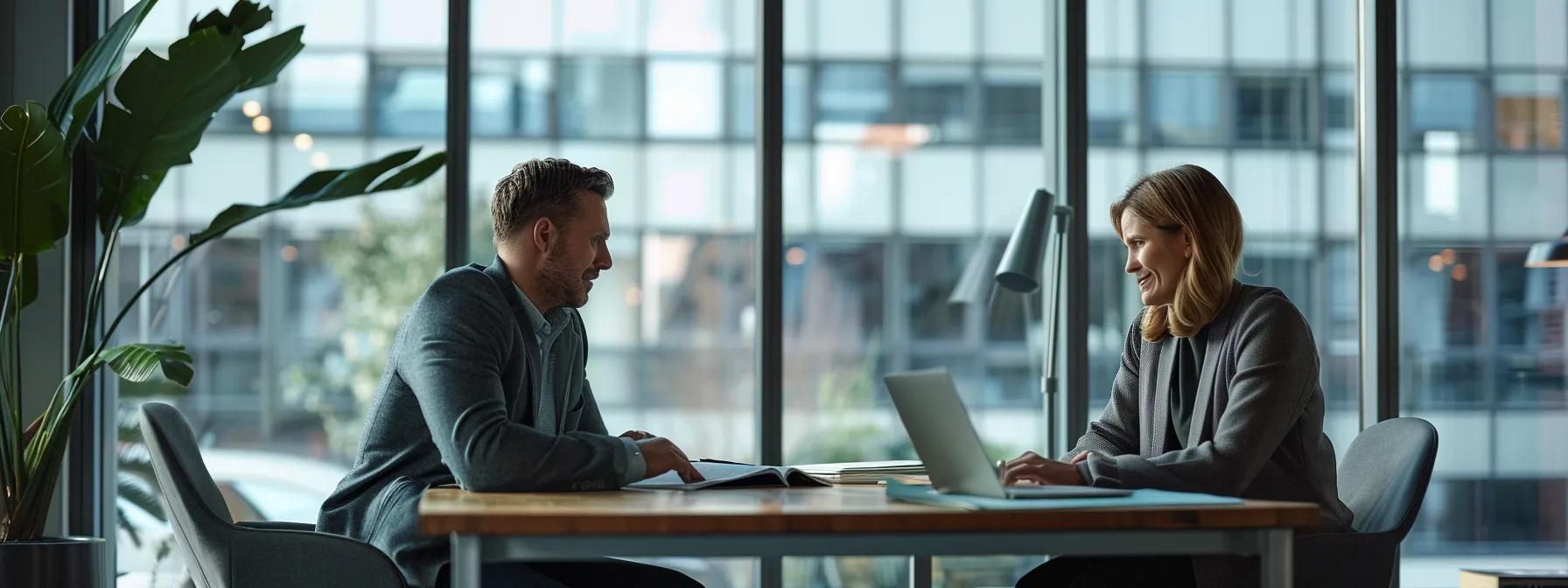 a modern office setting showcases two professionals engaged in a focused discussion over a divorce agreement, highlighting the concept of contractual spousal support with legal documents and a laptop prominently placed on the sleek conference table.