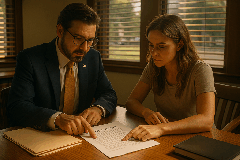 A Texas attorney reviewing a custody order with a client, showcasing steps to enforce custody.