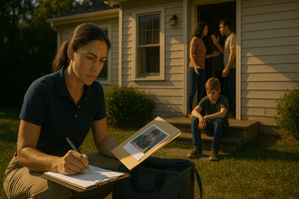 An illustration showing the process of gathering evidence in custody cases involving domestic violence.