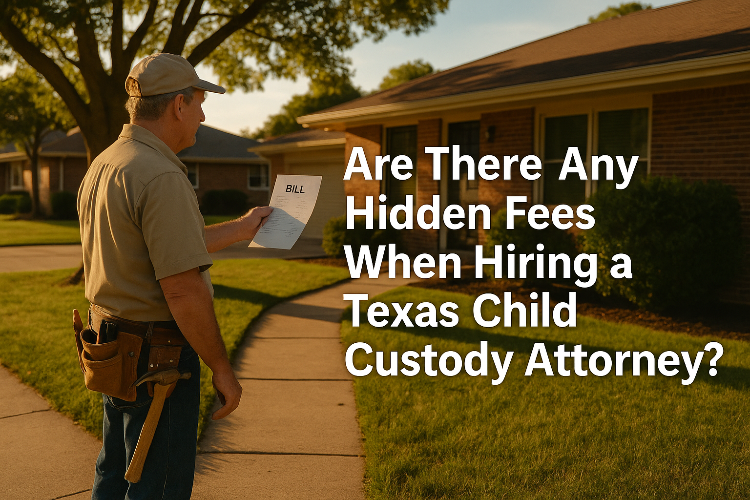 Repairman holding an unexpected bill outside a suburban Texas home, symbolizing hidden fees in child custody cases.