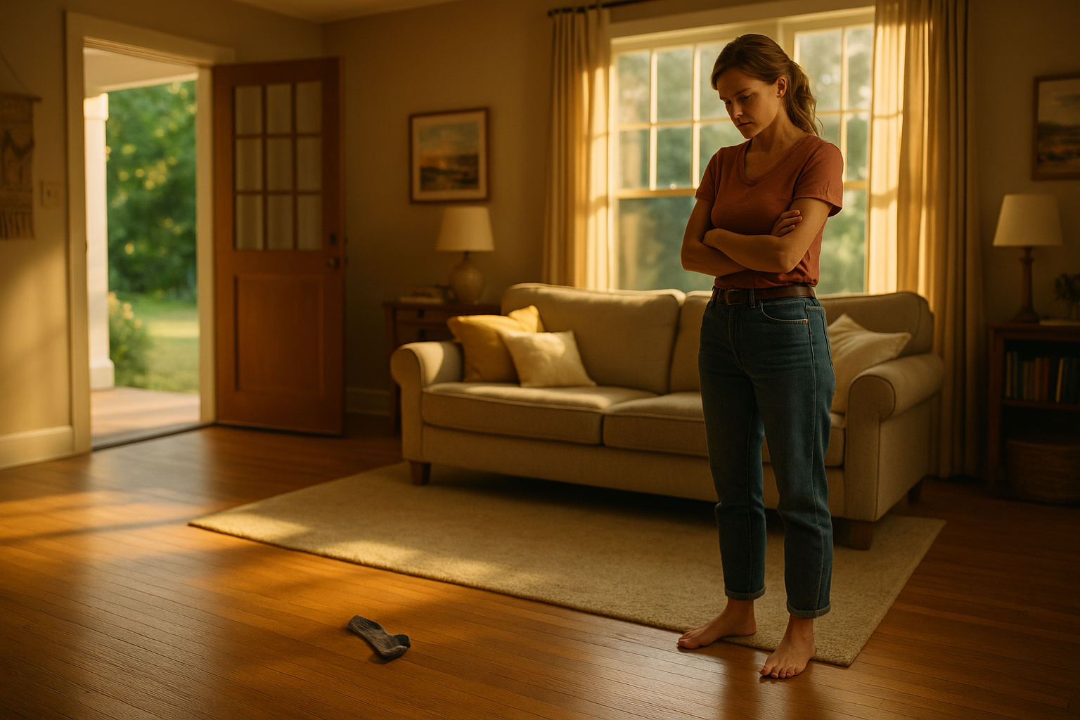 A woman stands in a sunlit living room staring at a single sock on the floor, symbolizing parenting stress after divorce.