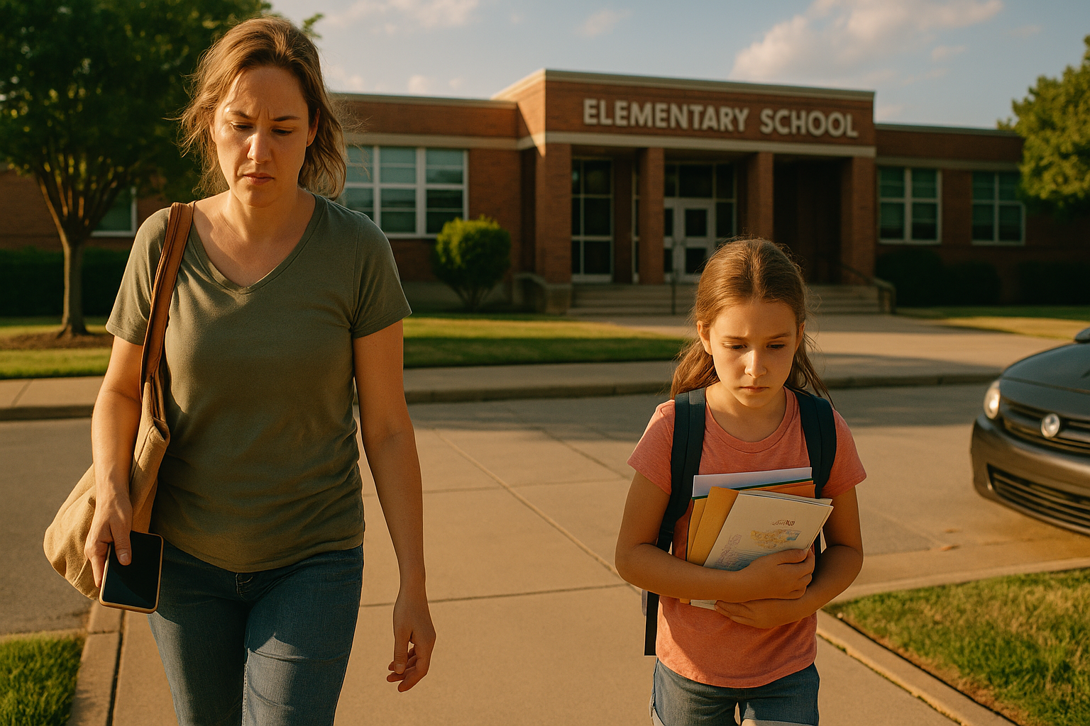 A tired mother and her daughter walk away from an elementary school in the afternoon sun, reflecting the challenges of parenting after divorce.