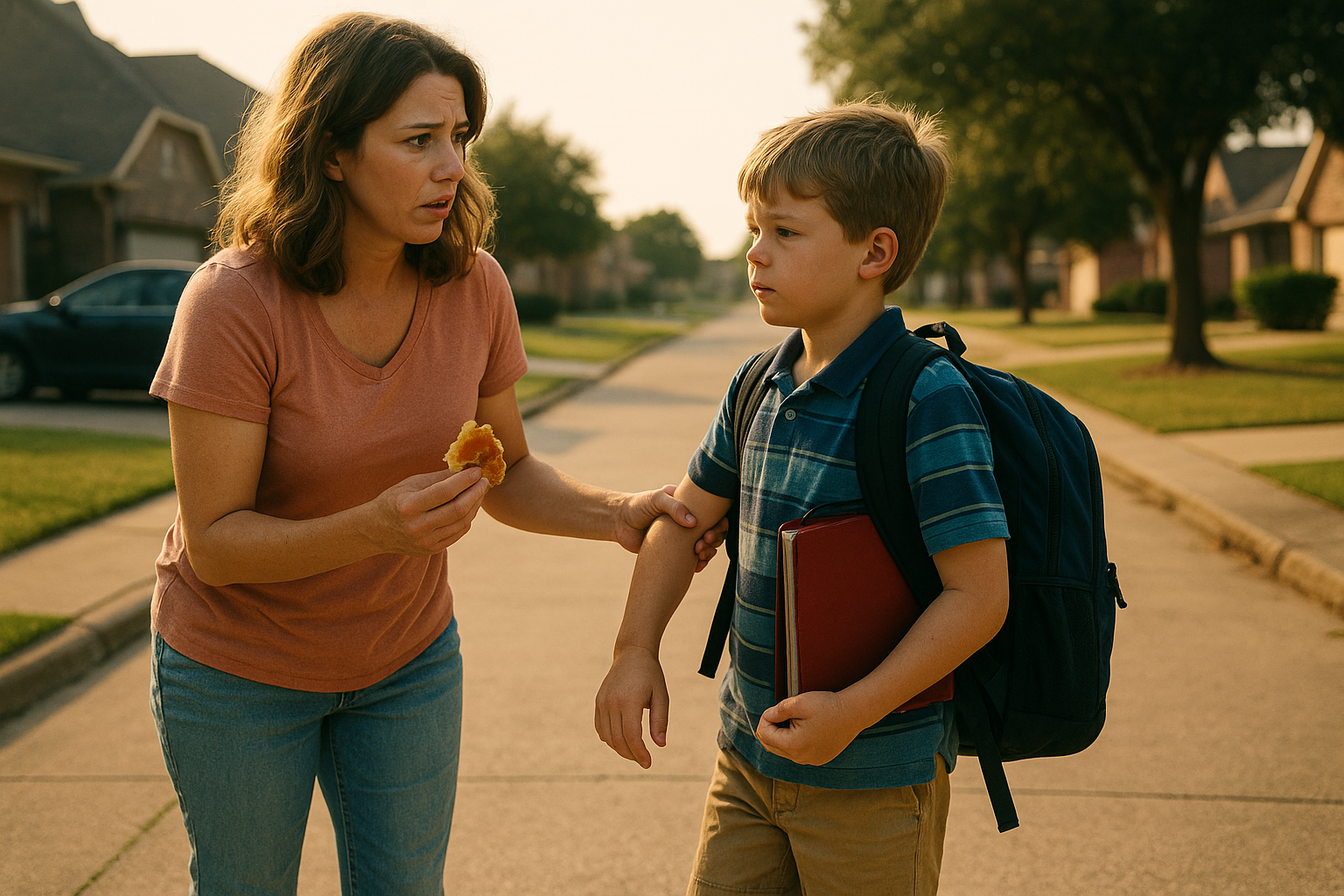 Mother guiding son with mismatched shoes to school on a sunny morning, symbolizing parenting chaos and custody challenges