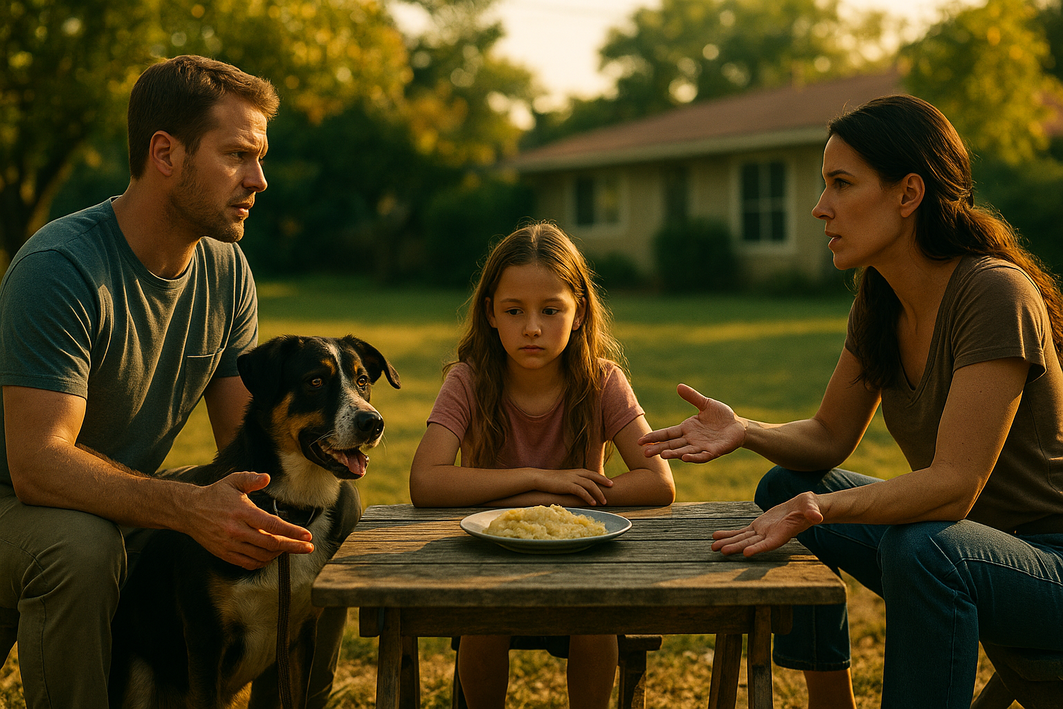 Separated parents having a tense conversation at an outdoor picnic table while their daughter sits between them, with a dog nearby in a summer backyard.