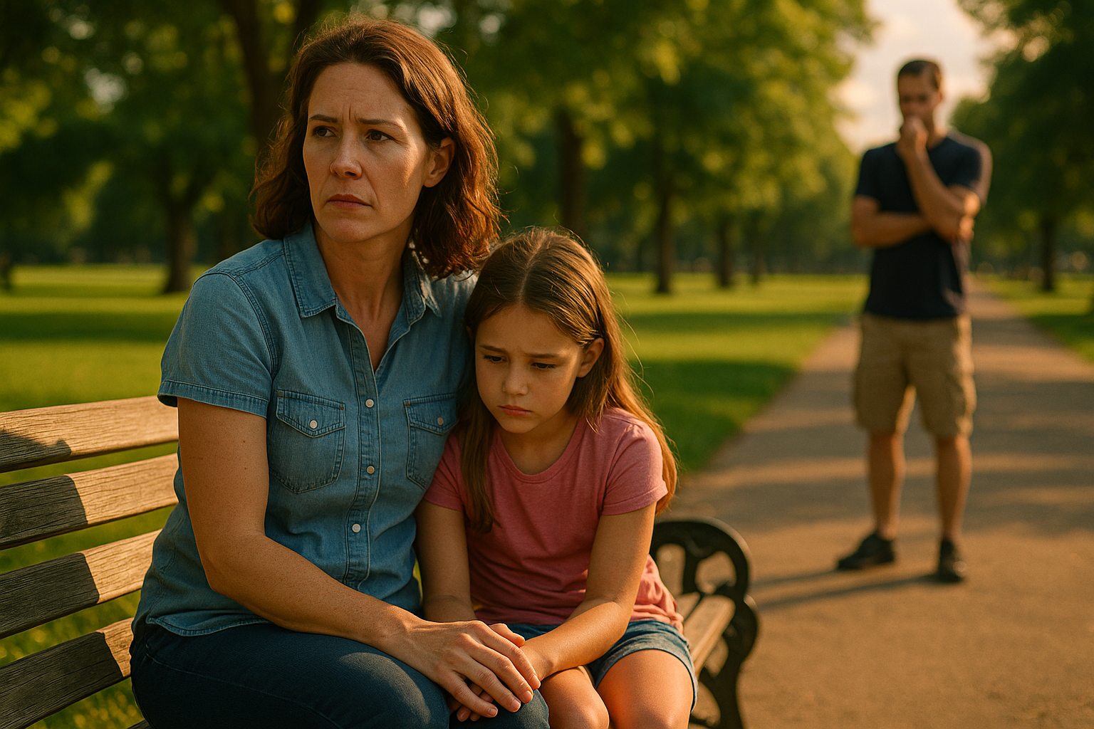 Mother and daughter sitting on a park bench looking concerned, with father figure in the background during a summer custody dispute.