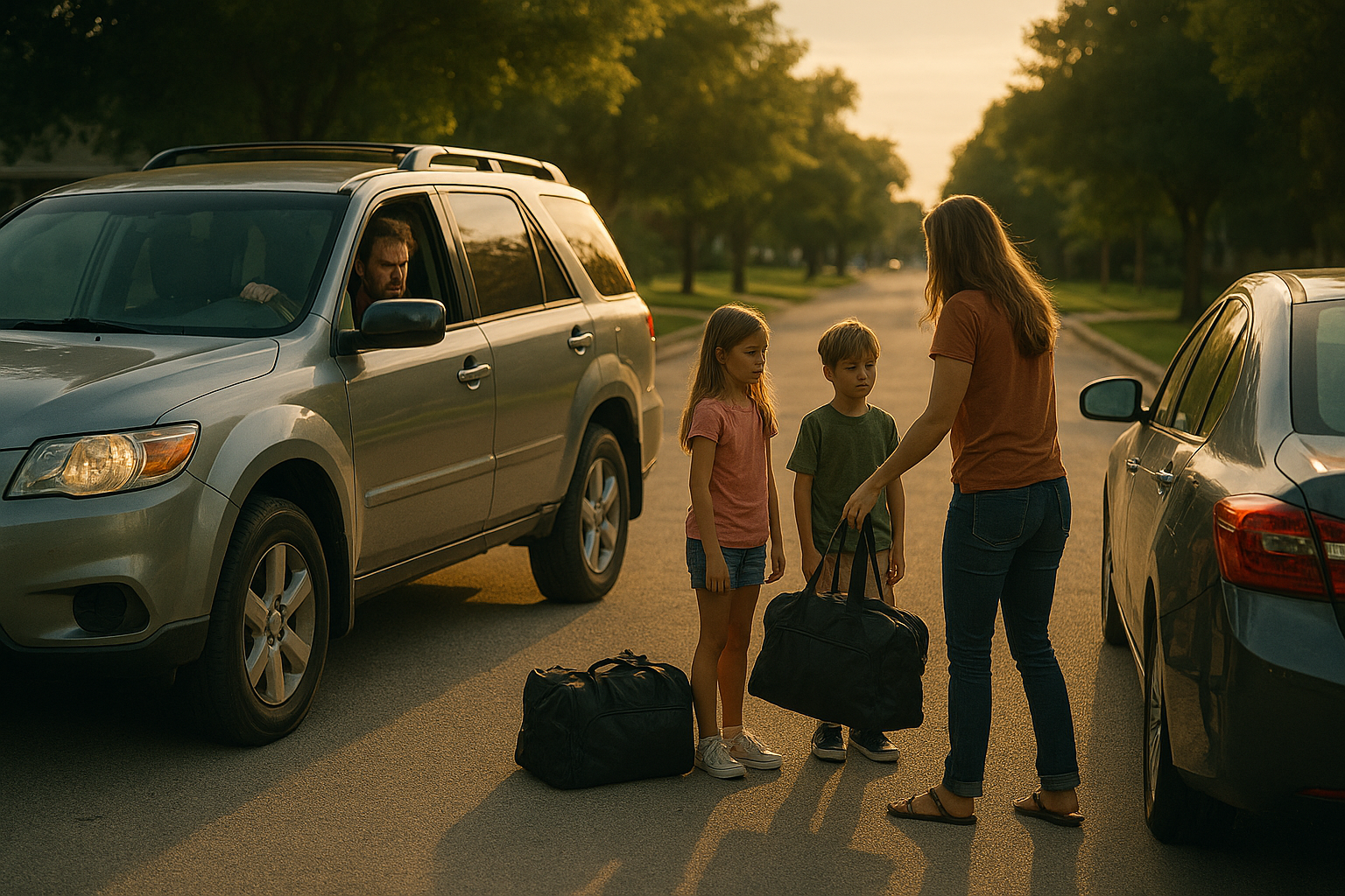 A mother picking up her children from their father’s SUV during a tense custody exchange on a suburban street at sunset.