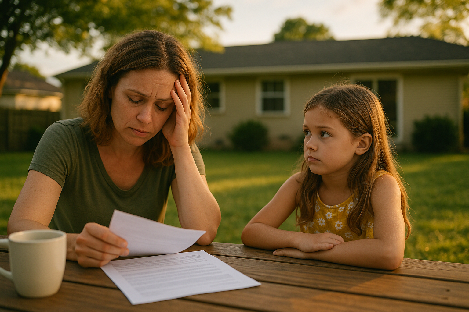 A mother sitting with her daughter at a picnic table in their Texas backyard, looking worried over unpaid bills—illustrating the struggles families face when child support goes unenforced.